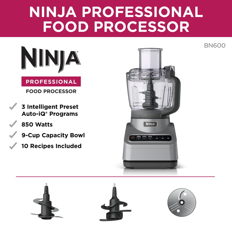 Ninja Professional 9 Cup Food Processor 850 Watts Auto-iQ 3 Presets Chop Dough Slice Shred BN600 Silver