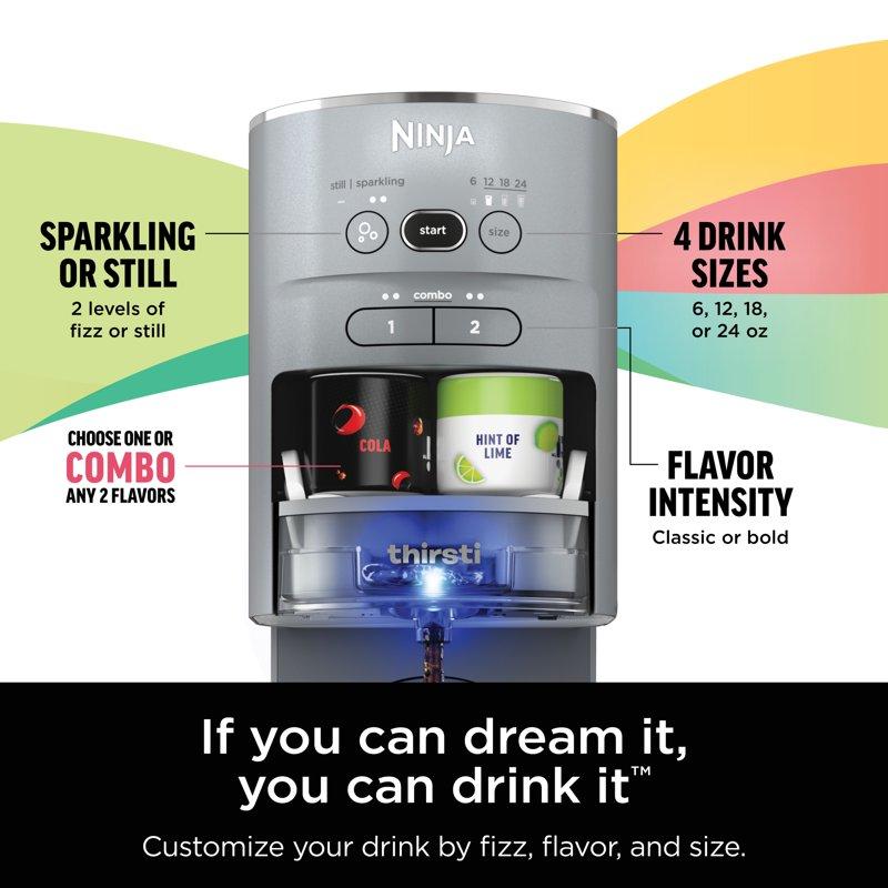 Ninja Thirsti Drink Maker Still Sparkling Custom Drink Kit With CO2 Canister Flavors And 48 Oz Reservoir