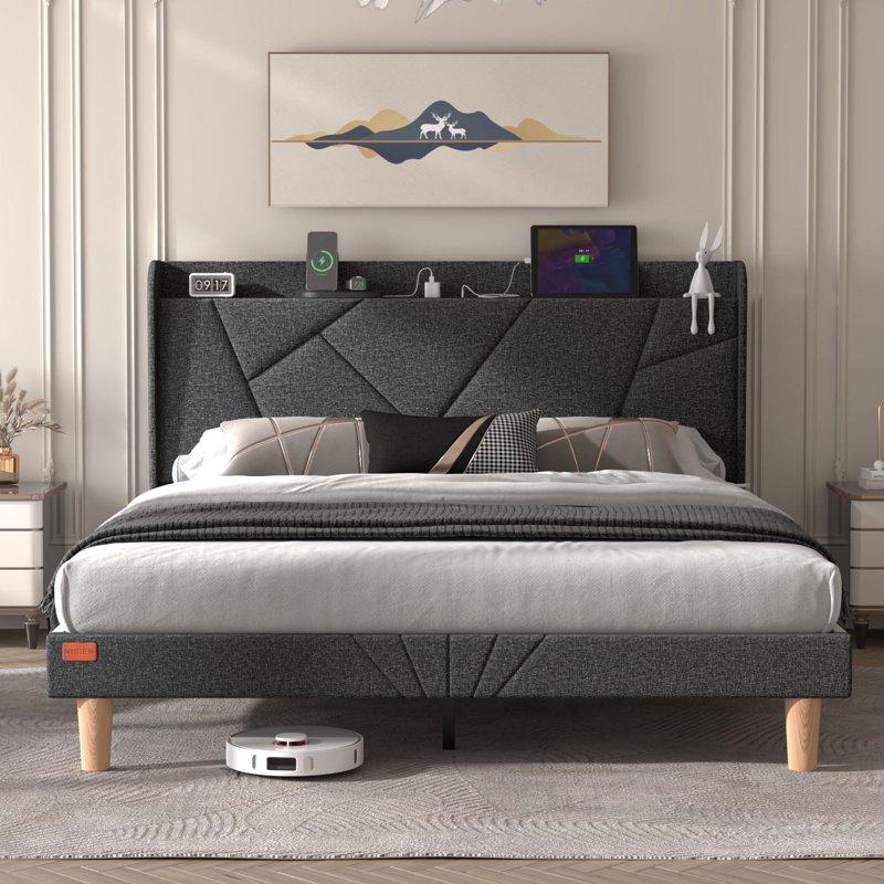NISIEN Queen Bed Frame With Charging Station Upholstered Platform Bed With Wingback Storage Headboard Dark Gray