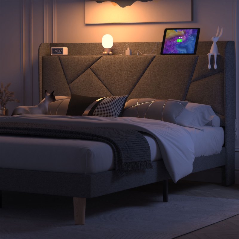 NISIEN Queen Bed Frame With Charging Station Upholstered Platform Bed With Wingback Storage Headboard Dark Gray