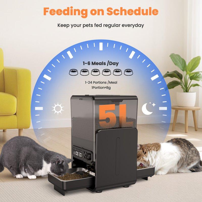 Novinter 5L/20 Cups Automatic Cat Food Dispenser For 2 Cats/2 Small Dogs Pet Dispenser With Timer And Voice Functions Suitable For Dry Or Wet Meals