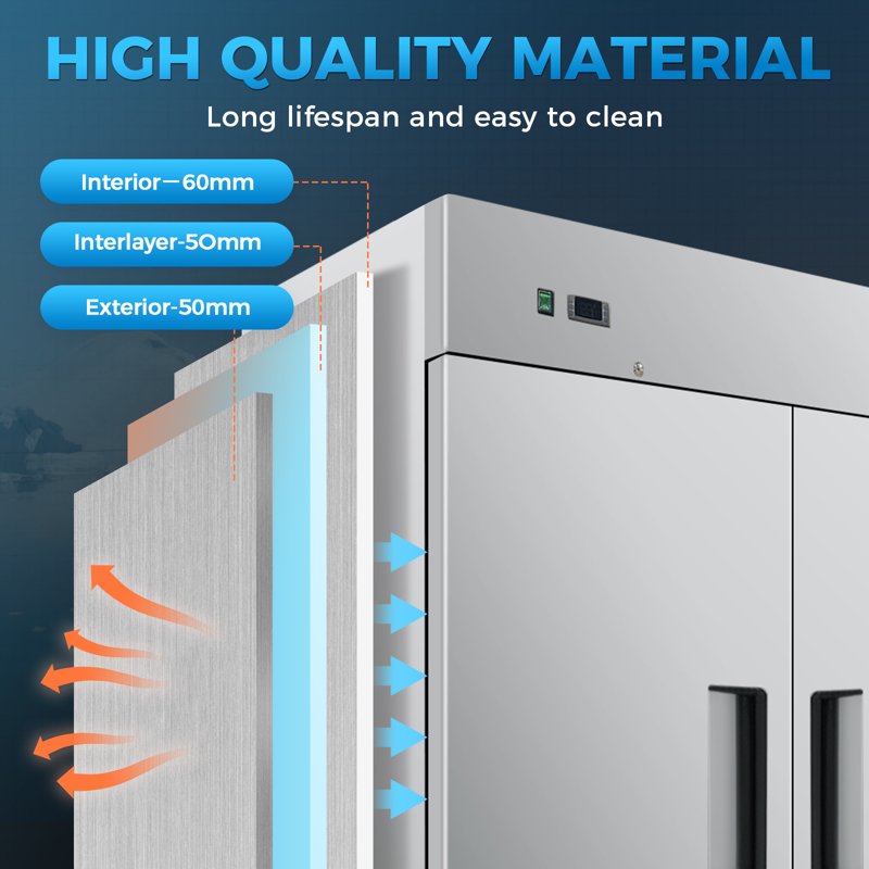 NSF 55 In. 2-Door Reach In Commercial Freezer 47 Cu.Ft. Stainless Steel Freezer Solid Door C55F