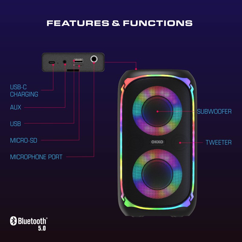 OKKO Sonic Bass V4 Portable Bluetooth Speaker – Wireless Party Speaker With Deep Bass Karaoke Speaker With Microphone Port LED Lights Outdoor Portable Rechargeable Speaker