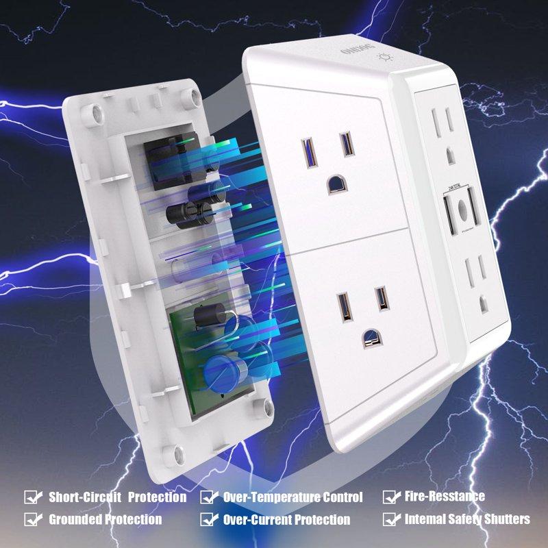 ONDOG 3 Sided Outlet Extender 6 Outlets With 2 USB Ports Multi Plug Outlet Splitter For Home Office
