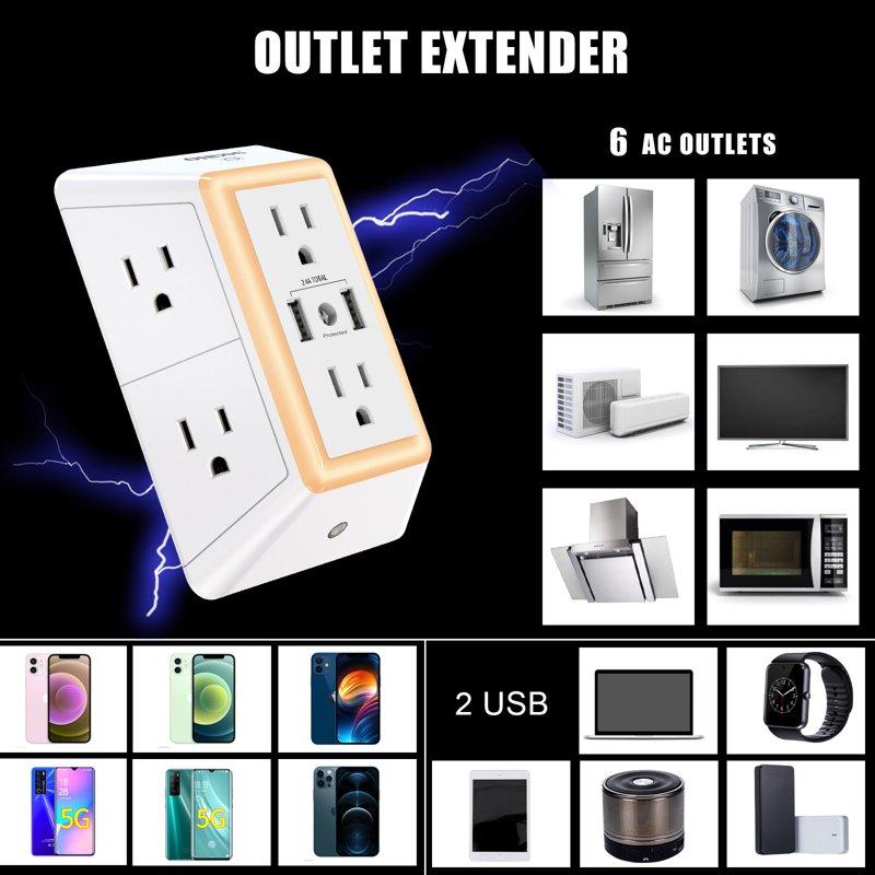 ONDOG 3 Sided Outlet Extender 6 Outlets With 2 USB Ports Multi Plug Outlet Splitter For Home Office