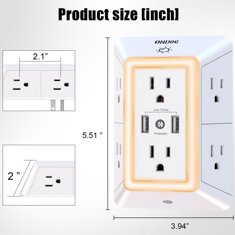 ONDOG 3 Sided Outlet Extender 6 Outlets With 2 USB Ports Multi Plug Outlet Splitter For Home Office