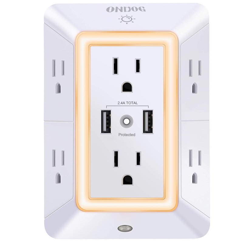 ONDOG 3 Sided Outlet Extender 6 Outlets with 2 USB Ports Multi Plug Outlet Splitter for Home Office