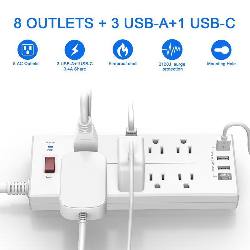 ONDOG Power Strip Surge Protector With 8-Outlet 4 USB Port 6FT Extension Cord