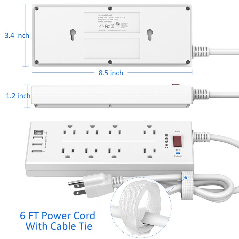ONDOG Power Strip Surge Protector With 8-Outlet 4 USB Port 6FT Extension Cord