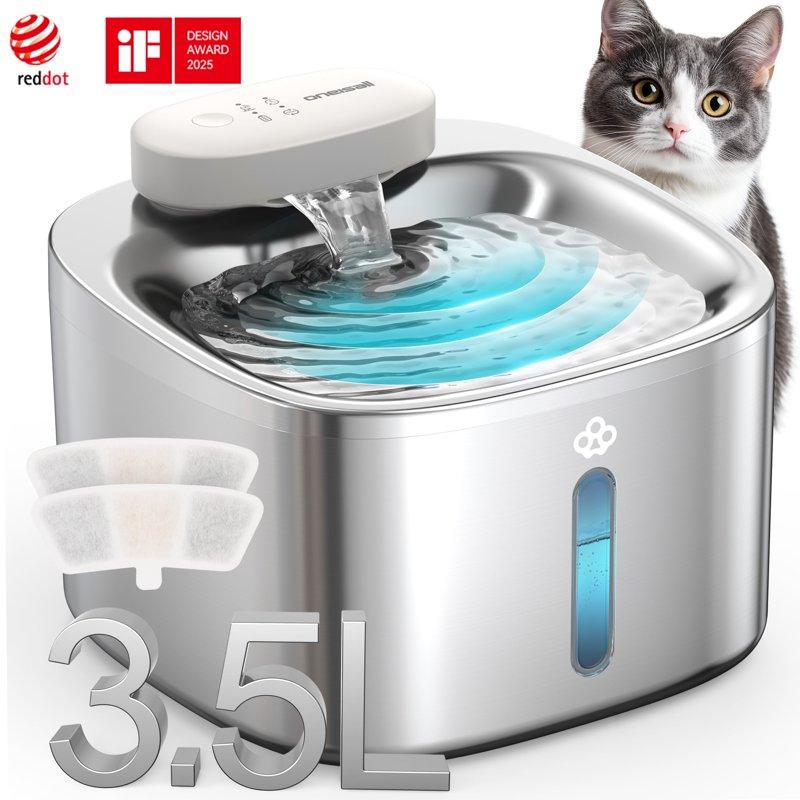 Oneisall CW01 Wireless Cat Water Fountain 304 Stainless Steel 3.5L/118oz Cordless Water Fountains For Cats Indoor Silver