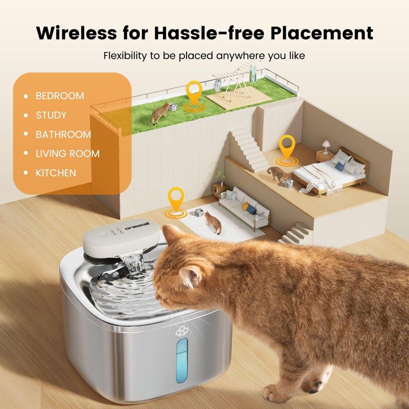 Oneisall CW01 Wireless Cat Water Fountain 304 Stainless Steel 3.5L/118oz Cordless Water Fountains For Cats Indoor Silver