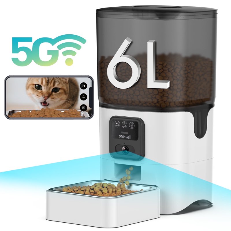 Oneisall WF-63 5GHz & 2.4GHz Automatic Cat Food Dispenser 6L/25 Cups Automatic Cat Feeder With Camera White