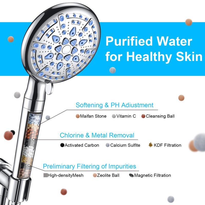 Ophanie 9 Setting Handheld Shower Head High Pressure Shower Head With Filter Hard Water Softener With 70" Hose Extension Spray Nozzle Shower Silver