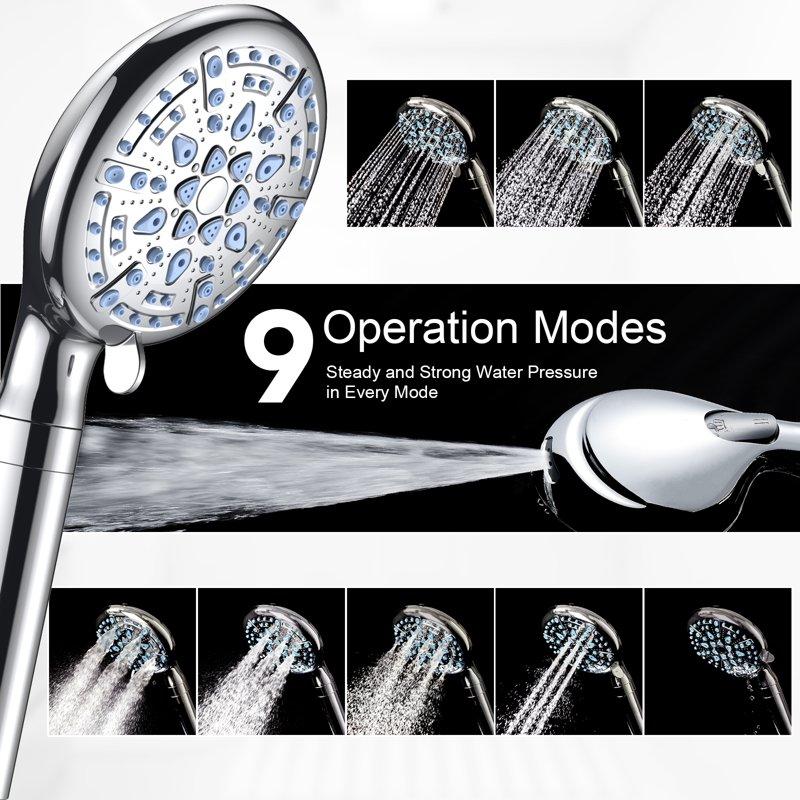 Ophanie 9 Setting Handheld Shower Head High Pressure Shower Head With Filter Hard Water Softener With 70" Hose Extension Spray Nozzle Shower Silver
