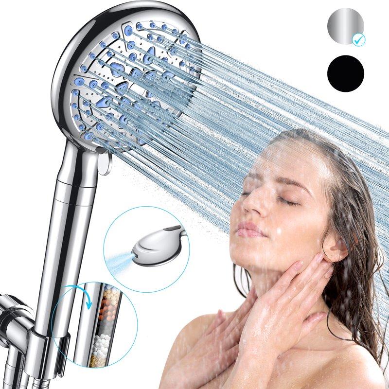 Ophanie 9 Setting Handheld Shower Head High Pressure Shower Head with Filter Hard Water Softener with 70" Hose Extension Spray Nozzle Shower Silver