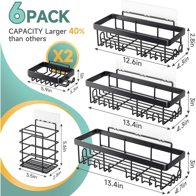 Ophanie Adhesive Shower Caddy 6 Pack Large Capacity Bathroom Organizers And Storage No Drilling Wall-Mounted Basket Black