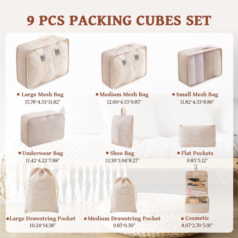 Packing Cubes - 9 PCS Travel Pouch Set Compression Bags For Travel Suitcase Essentials Organizer Bags Set Beige