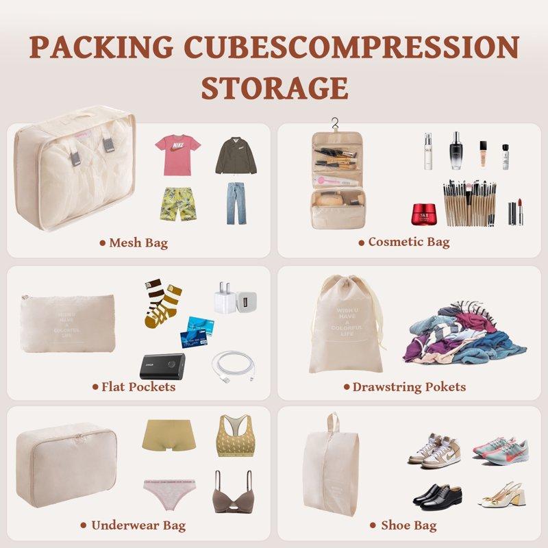 Packing Cubes - 9 PCS Travel Pouch Set Compression Bags For Travel Suitcase Essentials Organizer Bags Set Beige