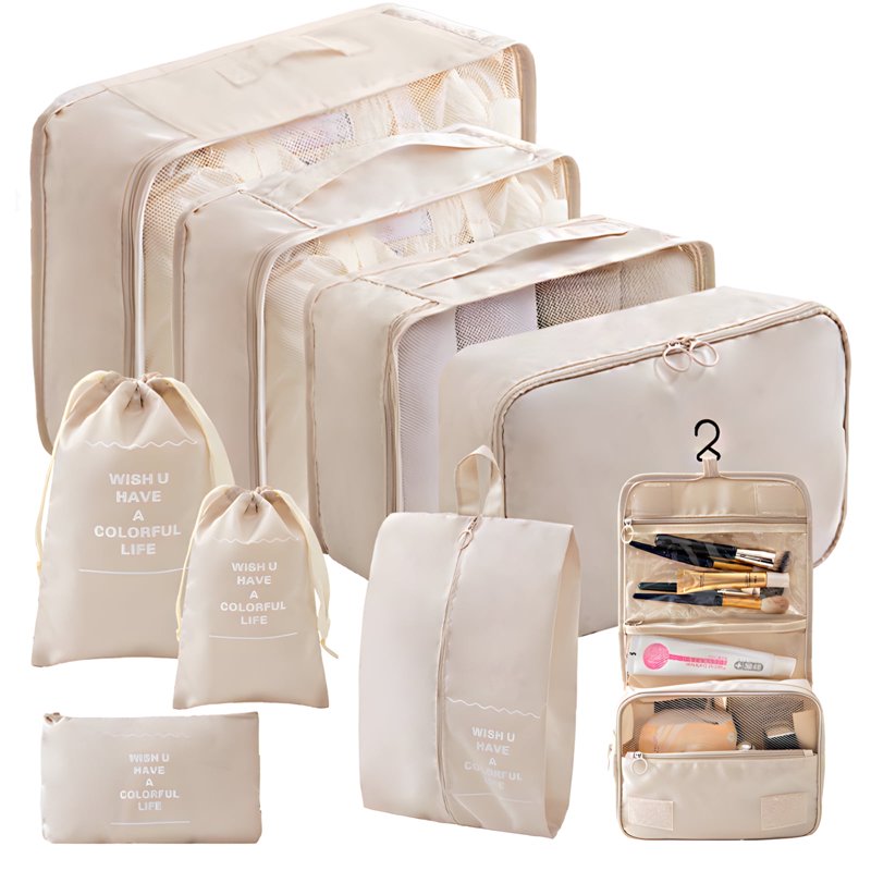 Packing Cubes - 9 PCS Travel Pouch Set Compression Bags For Travel Suitcase Essentials Organizer Bags Set Beige