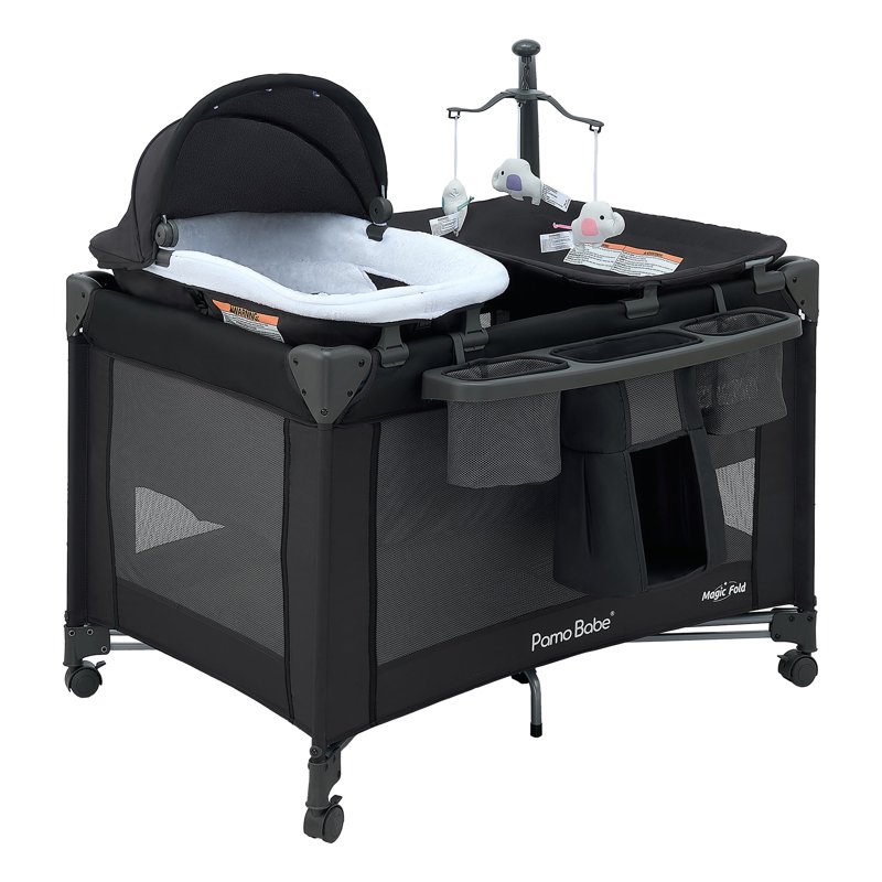 Pamo Babe Baby Playard Magic Fold 1 Step Bassinet & Changing Table For Newborn 4-Panels (Black)