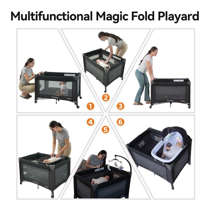Pamo Babe Baby Playard Magic Fold 1 Step Bassinet & Changing Table For Newborn 4-Panels (Black)