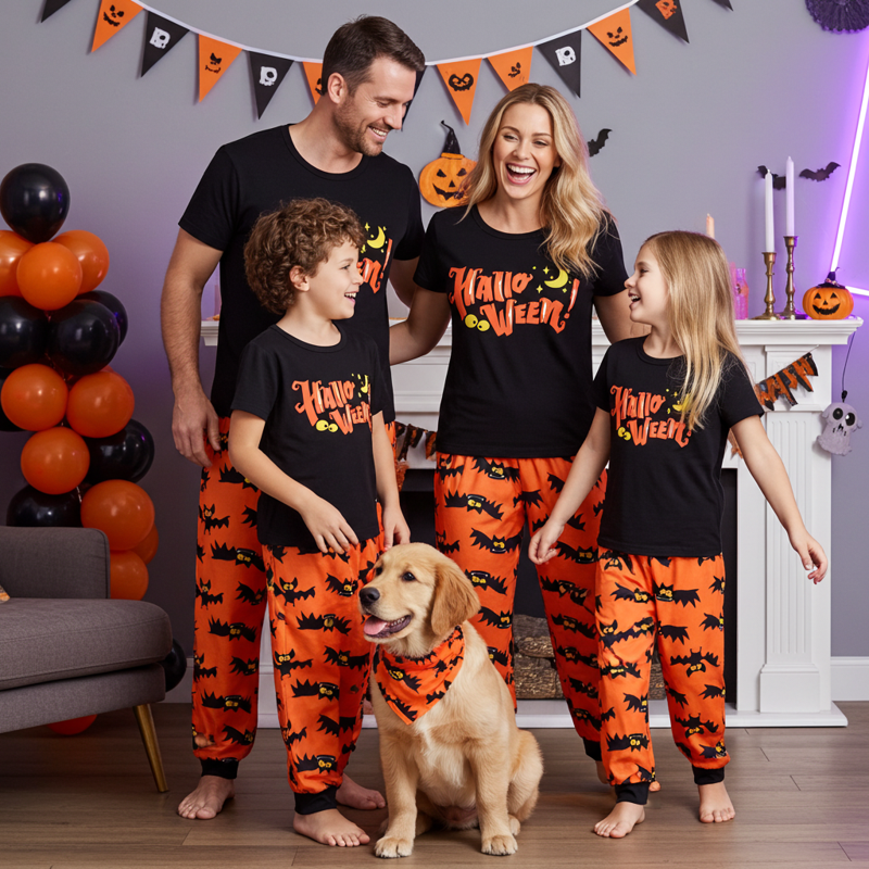 PatPat Halloween Pajamas Kids Holiday Pjs Family Matching Letter & Bat Print Short Sleeve Sleepwear Sets For Women Girls Boys Black & Orange L