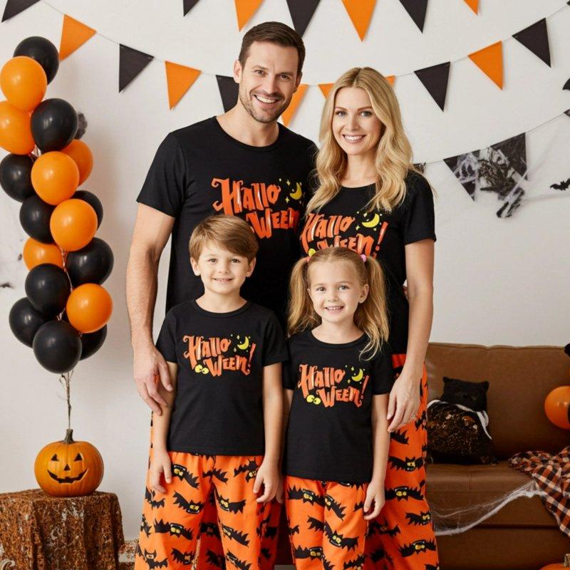 PatPat Halloween Pajamas Kids Holiday Pjs Family Matching Letter & Bat Print Short Sleeve Sleepwear Sets For Women Girls Boys Black & Orange L