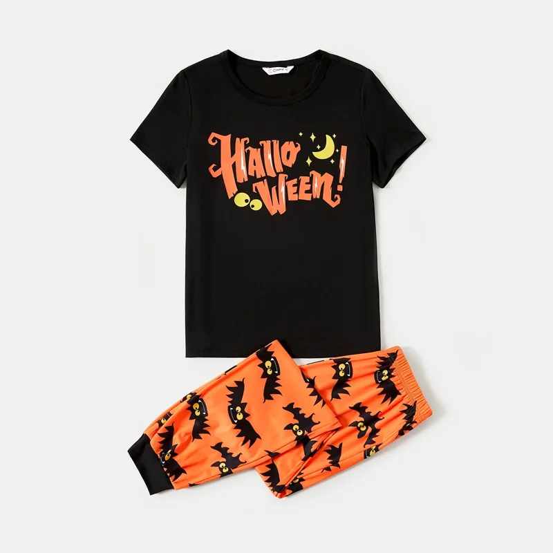PatPat Halloween Pajamas Kids Holiday Pjs Family Matching Letter & Bat Print Short Sleeve Sleepwear Sets For Women Girls Boys Black & Orange L