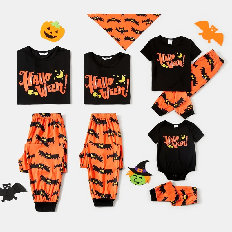 PatPat Halloween Pajamas Kids Holiday Pjs Family Matching Letter & Bat Print Short Sleeve Sleepwear Sets for Women Girls Boys Black & Orange L