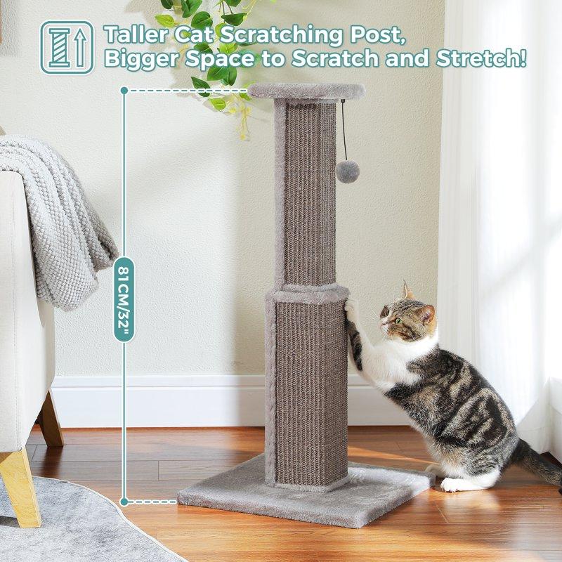 PAWZ Road 31" Natural Sisal Cat Scratching Post For Indoor Cat Scratcher With Plush Large Base Gray