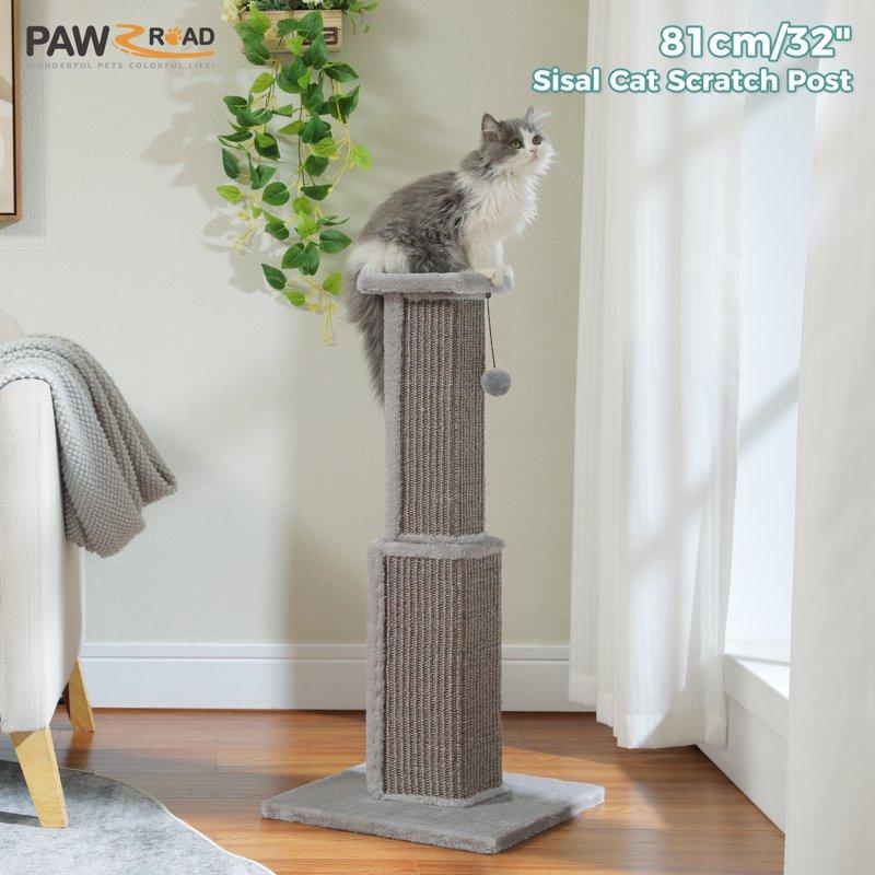 PAWZ Road 31" Natural Sisal Cat Scratching Post For Indoor Cat Scratcher With Plush Large Base Gray