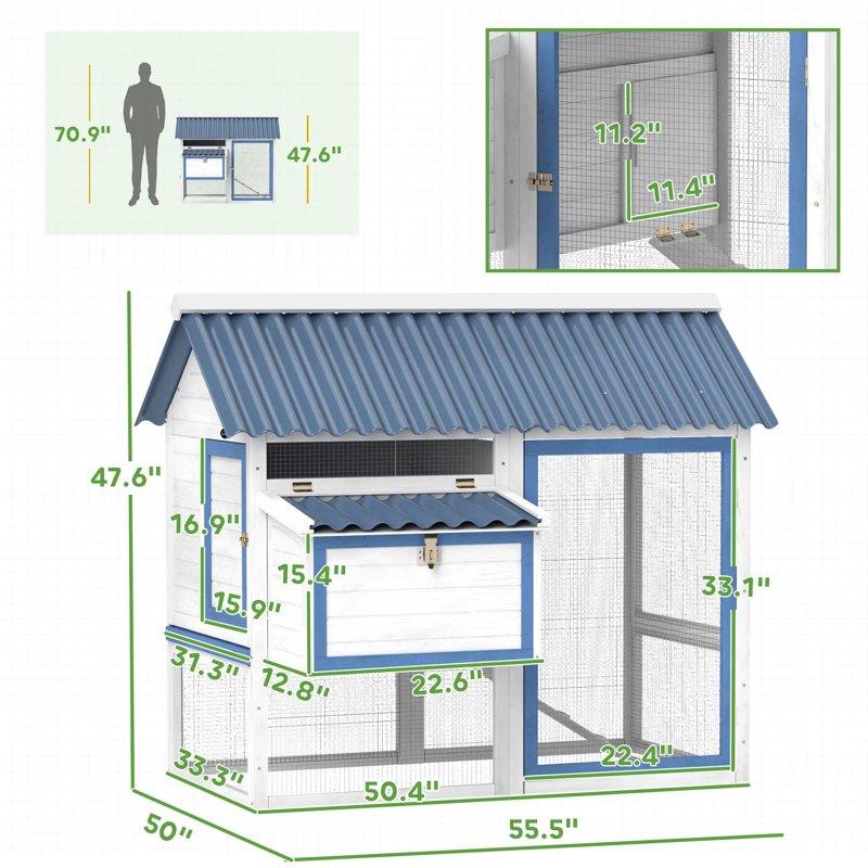 Pefilos 55" Outdoor Chicken Coop With Waterproof PVC Roof Hen House With Nesting Box For 6-8 Chickens Rabbit Cages For Removable Bottom White