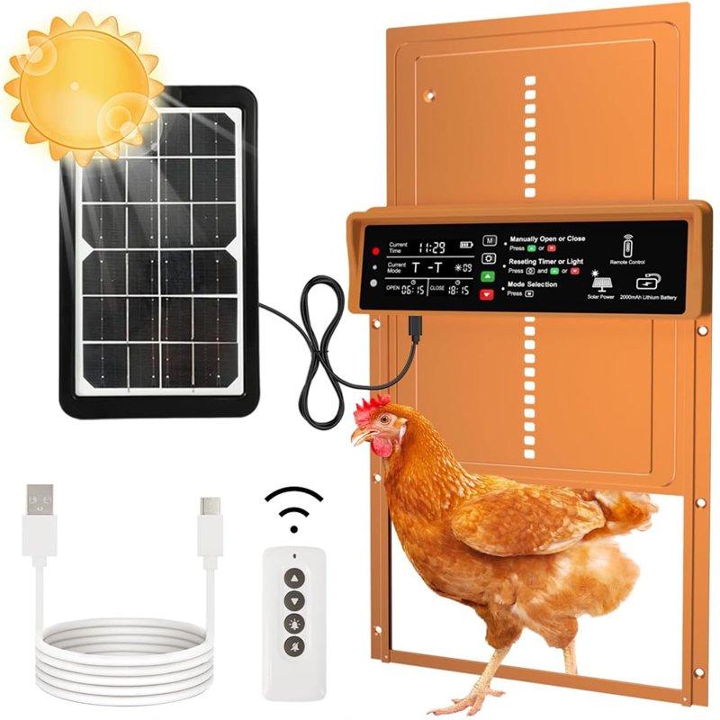 Pet Deluxe Automatic Chicken Coop Door Solar Powered Automatic Chicken Door With Timer & Light Sensor Anti-Pinch Durable Aluminum Auto Chicken Door Charge With Solar Panel & USB