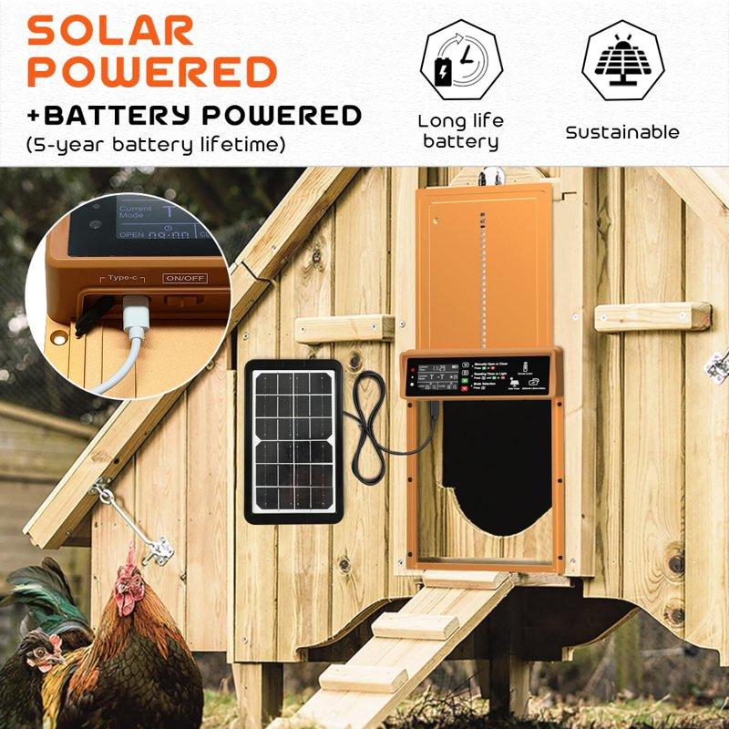 Pet Deluxe Automatic Chicken Coop Door Solar Powered Automatic Chicken Door With Timer & Light Sensor Anti-Pinch Durable Aluminum Auto Chicken Door Charge With Solar Panel & USB