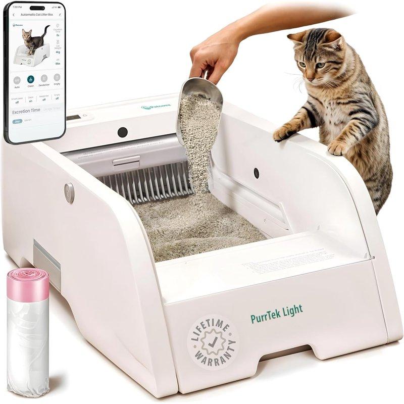 Petcove Automatic Litter Box For Cats With App Control – Self Cleaning Odor Control Quiet Auto Cat Litter Box For Multiple Cats - Light 1 Bag