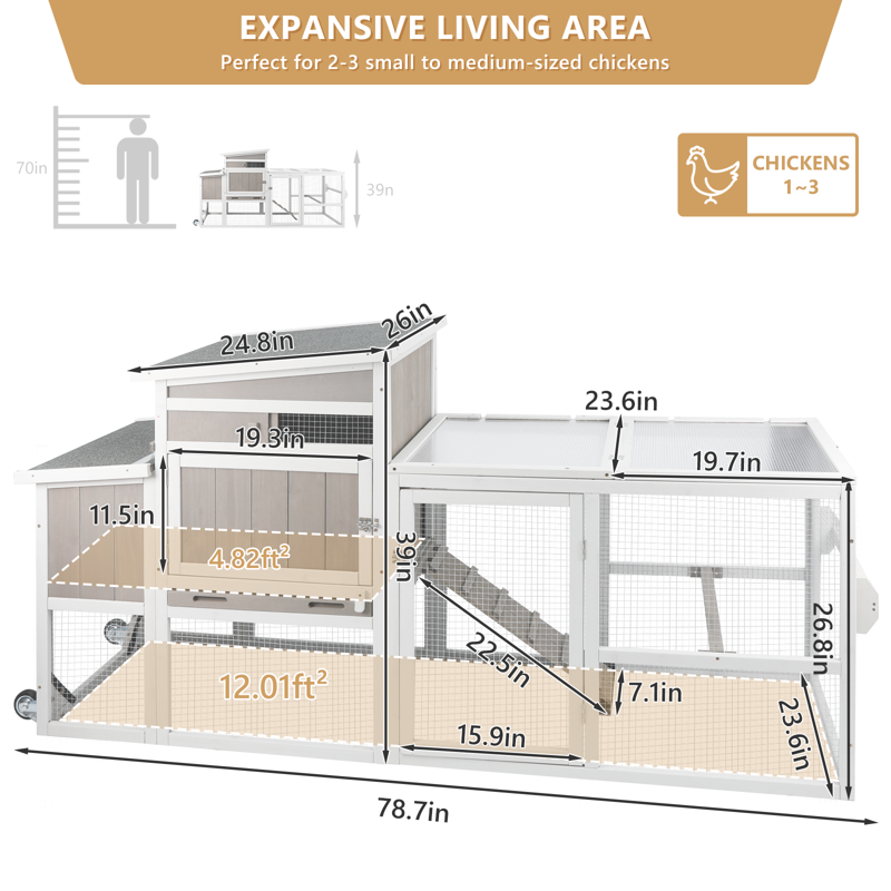PETSCOSSET Chicken Coop Large Wooden Chicken House With Run Wheels Roof