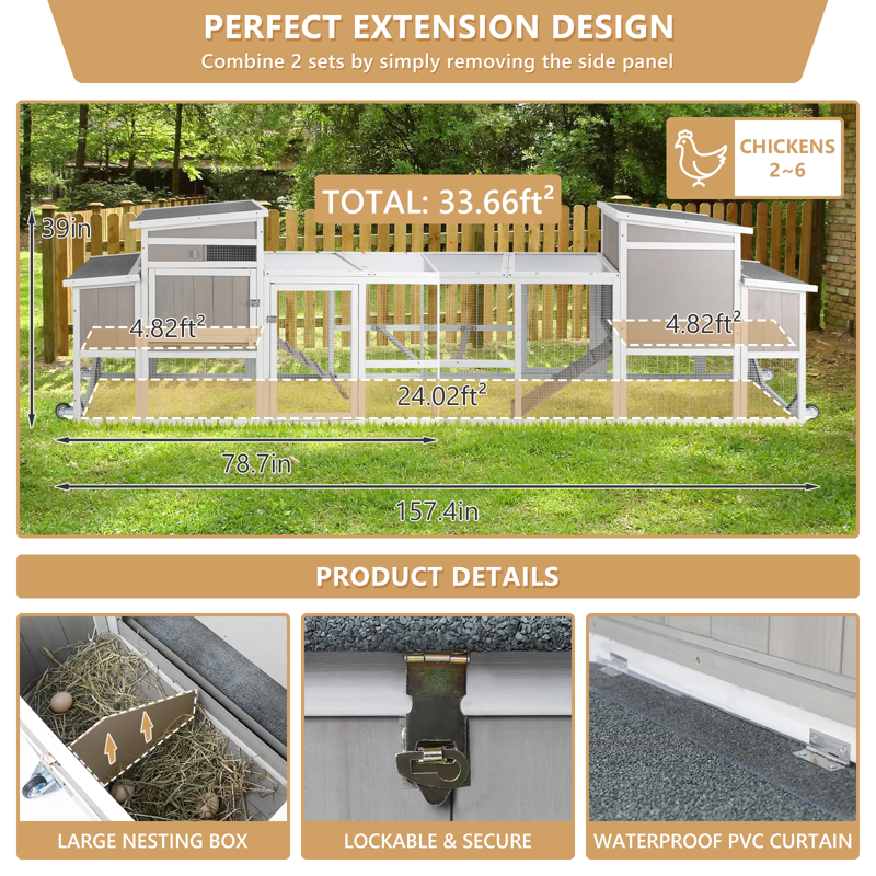 PETSCOSSET Chicken Coop Large Wooden Chicken House With Run Wheels Roof