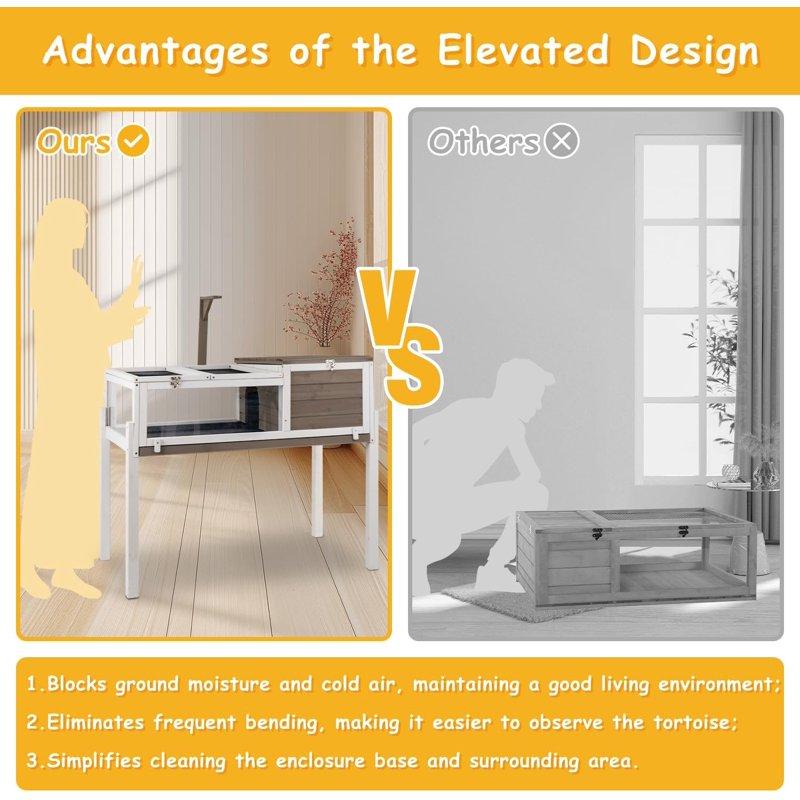 PETSCOSSET Tortoise Habitat Turtle Enclosure With Detachable Legs Wooden Indoor Reptile Cage For Small Animals With Leakproof Tray
