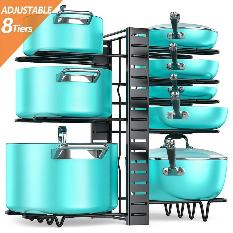 PHANCIR Pots And Pans Organizer Rack 3 DIY Methods Adjustable 8-Tier Pot And Pan Rack Metal Heavy Duty Organizer With Anti-slip Silicone Pad For Cabinet Kitchen Organization Storage