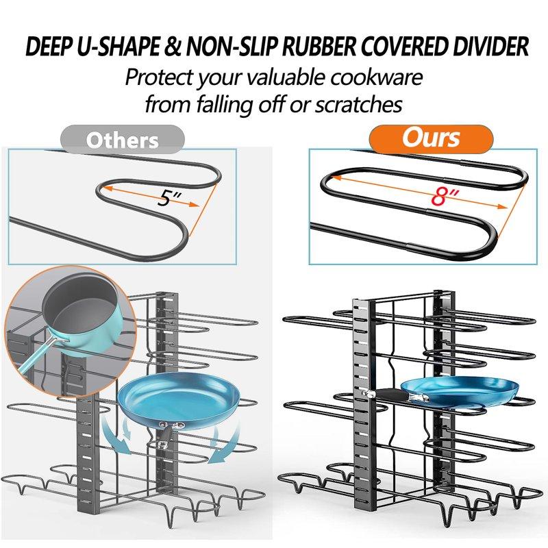 PHANCIR Pots And Pans Organizer Rack 3 DIY Methods Adjustable 8-Tier Pot And Pan Rack Metal Heavy Duty Organizer With Anti-slip Silicone Pad For Cabinet Kitchen Organization Storage