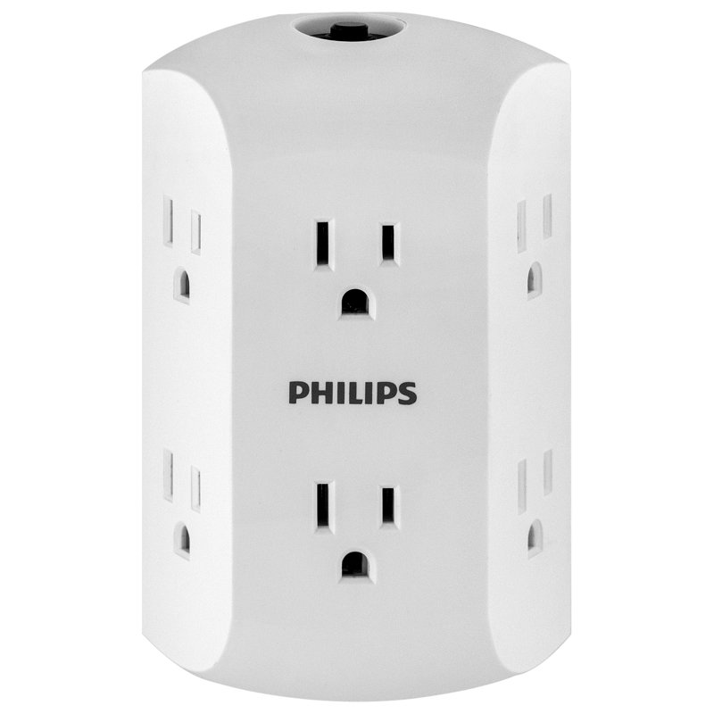 Philips 6 Outlet Grounded Wall Tap Resettable Circuit Breaker White SPS1460WA/37