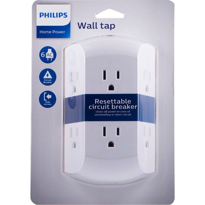 Philips 6 Outlet Grounded Wall Tap Resettable Circuit Breaker White SPS1460WA/37
