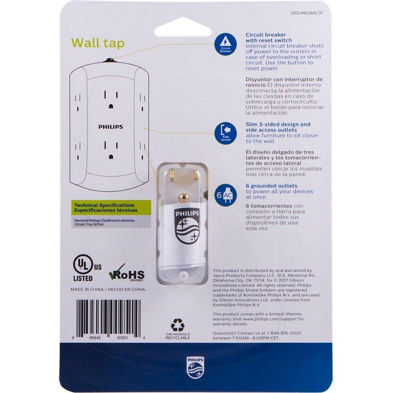 Philips 6 Outlet Grounded Wall Tap Resettable Circuit Breaker White SPS1460WA/37