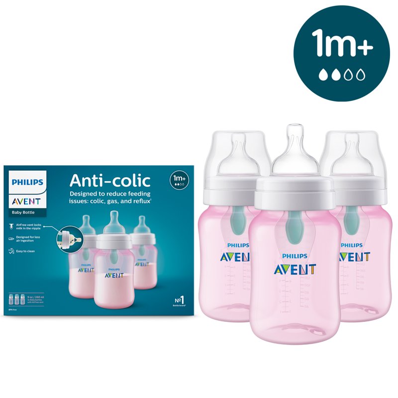Philips Avent Anti-colic Bottle With AirFree Vent 9oz 3pk Pink SCY703/13