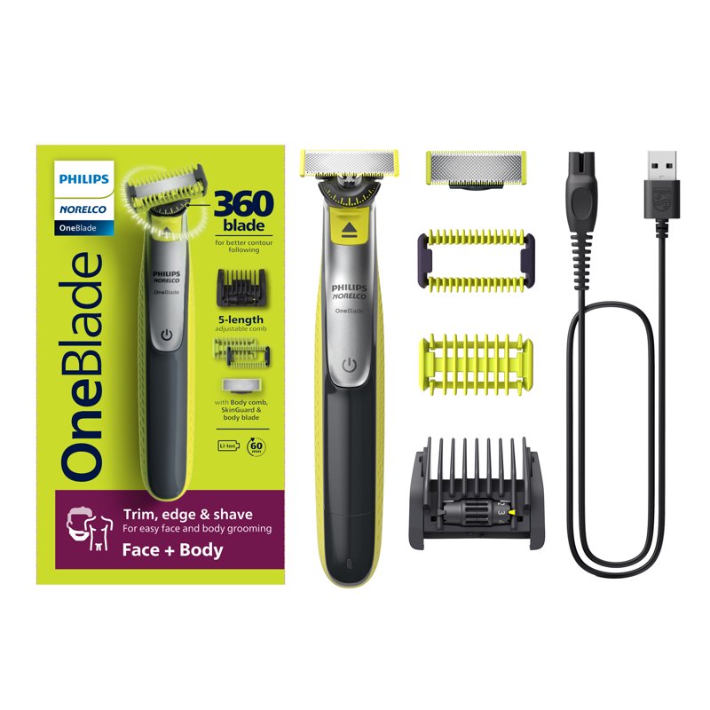 Philips Norelco Oneblade 360 Face + Body Hybrid Electric Trimmer for Men with 5-In-1 Hair Trimmer Kit QP2834/70