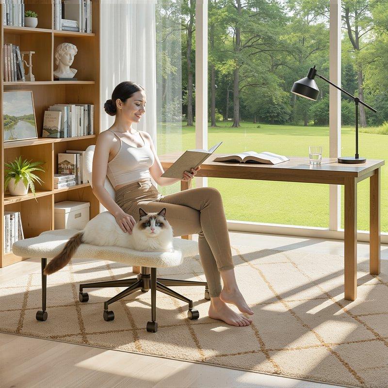 Pinmoco Ergonomic Cross Legged Swivel Chair Adjustable Height And Teddy Fabric Meditation& ADHD Chair With Back Support Home And Office Off White