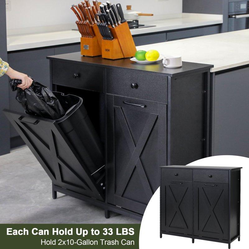 Pirecart 20 Gallon Double Tilt Out Trash Cabinet Wood Hidden Storage Cabinet Recycling Cabinet With 2 Drawers Black
