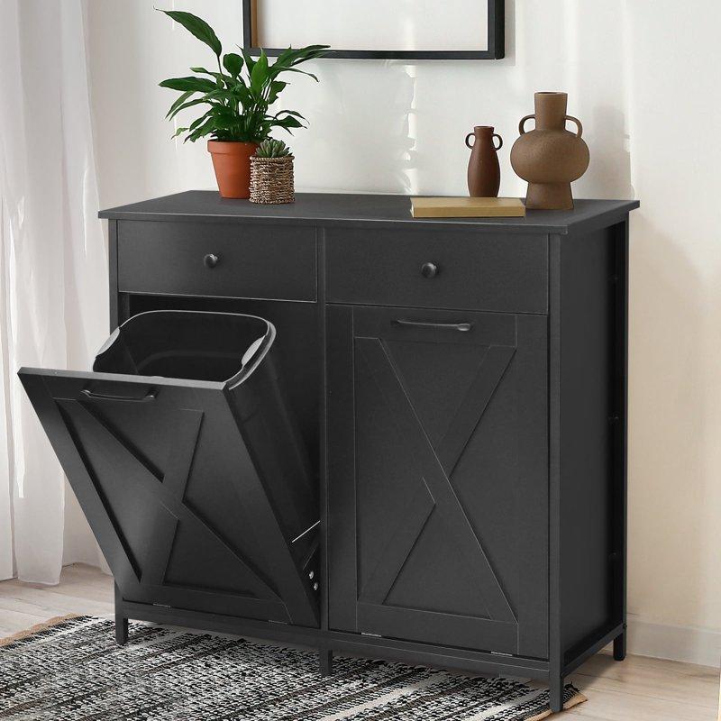 Pirecart 20 Gallon Double Tilt Out Trash Cabinet Wood Hidden Storage Cabinet Recycling Cabinet with 2 Drawers Black