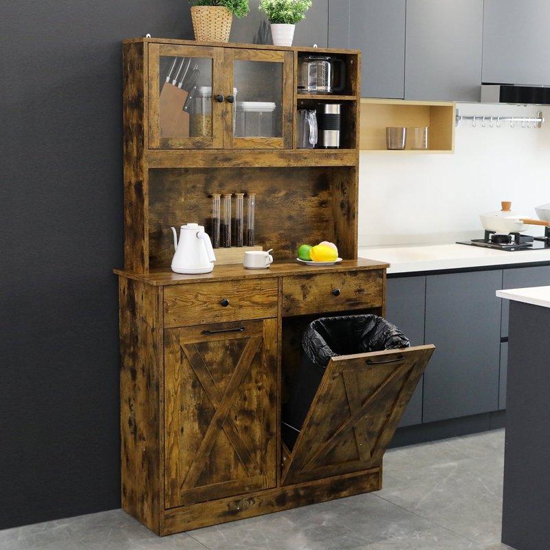 Pirecart Large Double Tilt Out Trash Cabinet 2 X 10 Gal Hidden Garbage Holder W/ Drawer And Shelves Vintage Wood