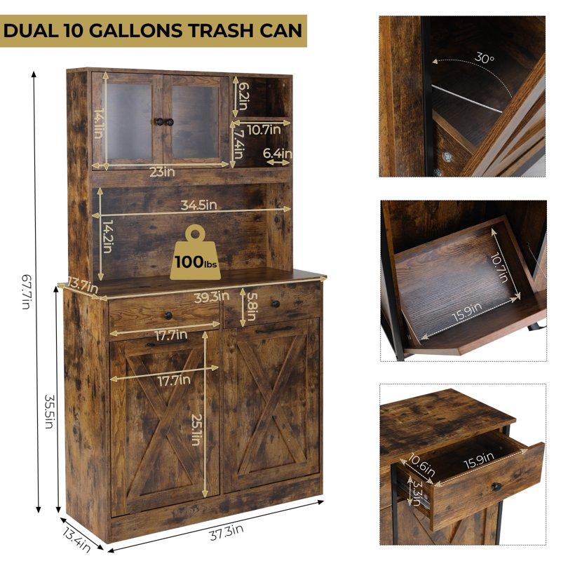 Pirecart Large Double Tilt Out Trash Cabinet 2 X 10 Gal Hidden Garbage Holder W/ Drawer And Shelves Vintage Wood